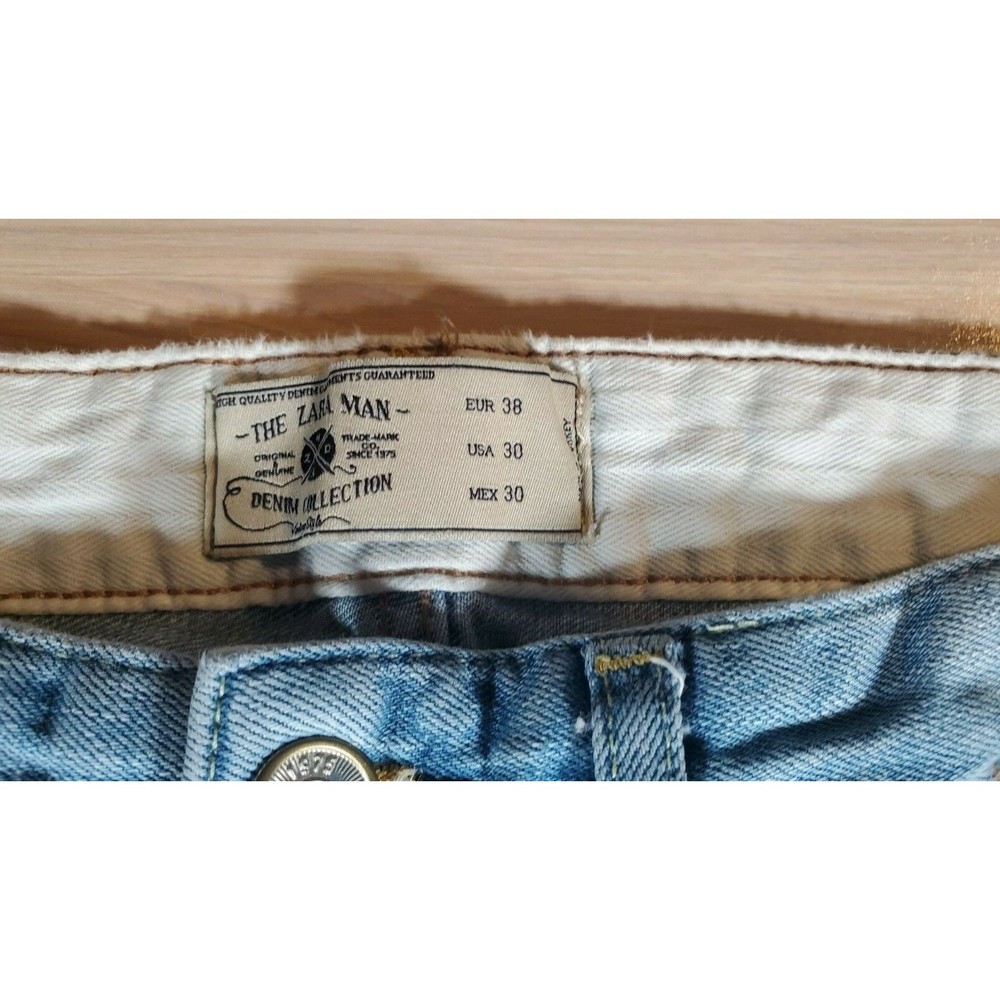 Zara Man Jeans Button Fly Distressed Holes Light Blue - Men Size‎ 29"W x 31"L - Picture 5 of 7